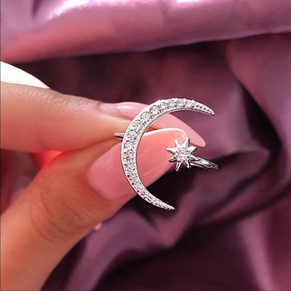 NEW RING STERLING SILVER DIAMOND RING MOON STAR ADJUSTABLE RING - Picture 4 of 4